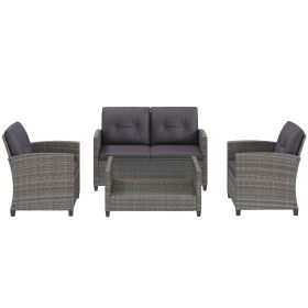 Outsunny 4 Piece PE Rattan Wicker Patio Furniture Set with Two-tier Coffee Table and Cushions, Charcoal