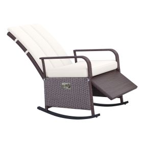 Outsunny Rattan Wicker Rocking Chair Outdoor Patio Recliner Cream Soft Cushion Adjustable Footrest