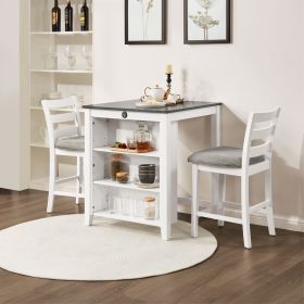 30" Modern Dining Table Set for 2 with Charging Station & 3-Tier Adjustable Storage | Space-Saving Kitchen Set with Upholstered Chairs for Small