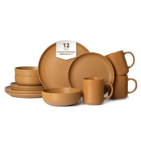 12-Piece Stoneware Dinnerware Sets with Mugs | Microwave & Dishwasher Safe | Non-Toxic Dinner Plates Bowls Set | Stackable Matte Glaze Kitchenwar