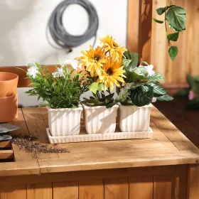 WHITE SQUARE CERAMIC SMALL PLANTER SET OF 3
