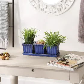 Set of 3 Blue Square Ceramic Small Planters - Ideal for Indoor and Outdoor Plants