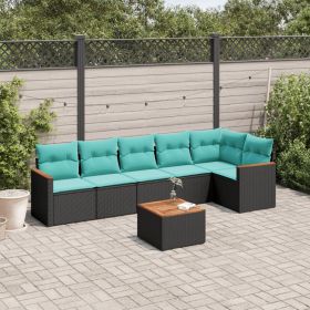 7 Piece Patio Sofa Set with Cushions Black Poly Rattan (Color: Black)