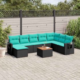 9 Piece Patio Sofa Set with Cushions Black Poly Rattan (Color: Black)