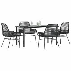 5 Piece Patio Dining Set with Cushions Black Poly Rattan Glass (Color: Black)
