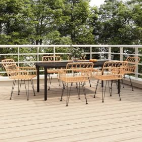 7 Piece Patio Dining Set Poly Rattan (Color: Brown)