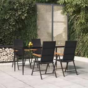 5 Piece Patio Dining Set Black and Brown Poly Rattan (Color: Black)