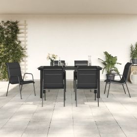 7 Piece Patio Dining Set Black Steel and Textilene (Color: Black)