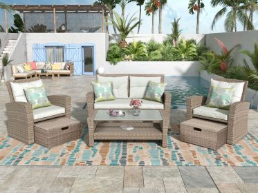 Patio Furniture Set, 4 Piece Outdoor Conversation Set All Weather Wicker Sectional Sofa with Ottoman and Cushions (Color: beige)