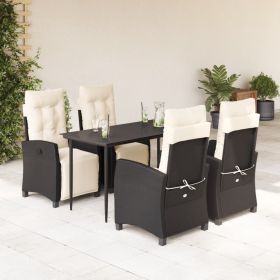 5 Piece Patio Dining Set with Cushions Black Poly Rattan (Color: Black)