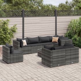 9 Piece Patio Lounge Set with Cushions Gray Poly Rattan (Color: Gray)