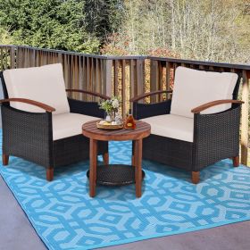 3 Pieces Patio Rattan Furniture Set with Washable Cushion and Acacia Wood Tabletop (Color: beige)
