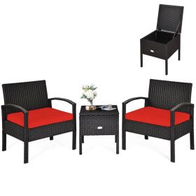 3 Pieces PE Rattan Wicker Sofa Set with Washable and Removable Cushion for Patio (Color: Red)