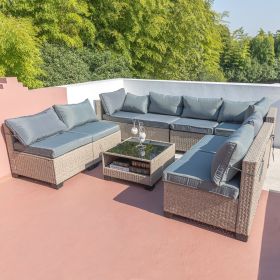 9-Piece Patio Furniture Set, All-Weather Boho Outdoor Conversation Set Sectional Sofa with Water Resistant Grey Thick Cushions (Color: as Pic)